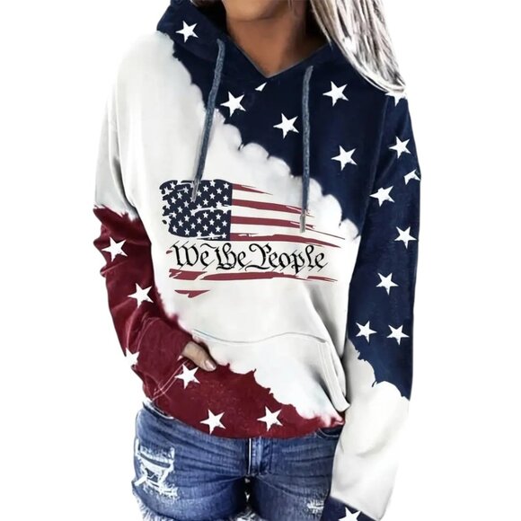 Hoodie Draw String Patriotic Flag Print Red White Blue Front Pouch Med and Large - Picture 1 of 3